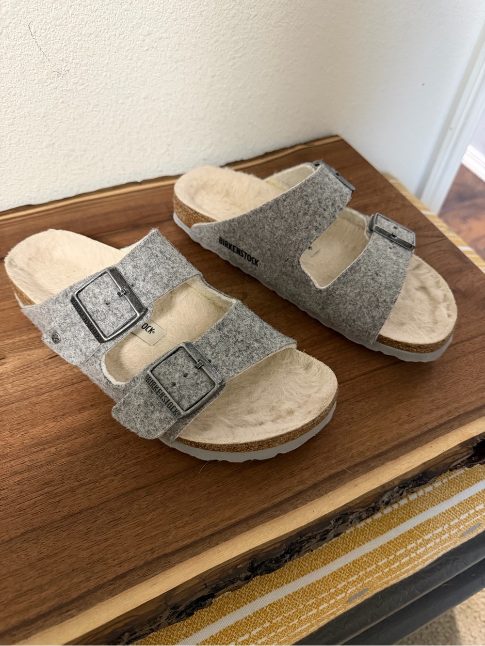 Birkenstock Womens Felt Arizona in Light Grey with Plush Cream Footbed